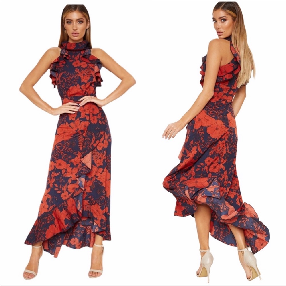 Prettylittlething Navy Floral Print Frill Detail Wrap Maxi Dress 0